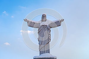 Christ statue in winter.