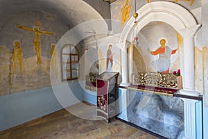 Christ wall fresco above the rock in the Monastery of the Temptation in Jericho, Palestine Territories