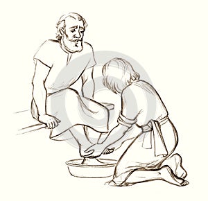 Christ washes Peter\'s feet. Pencil drawing