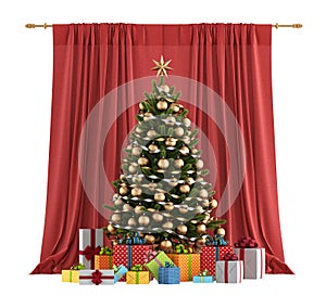 Christams tree with gift box in front a large curtain on white