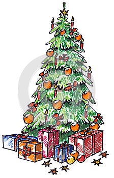 Illustration of Christmas Tree and Presents around