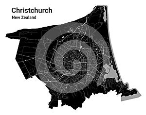 Christchurch map. Detailed black map of Christchurch city poster with streets. Cityscape vector