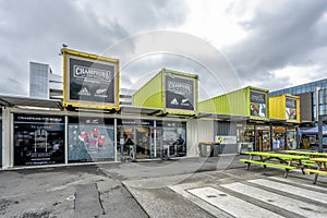 Christchruch container mall with shoppes on a cloudy day