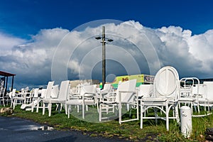 Christchurch, New Zealand, October 2, 2019: Close-up of the 185 White Chairs outdoor sculpture dedicated to the earthquake in the