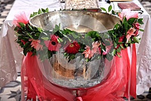 Christening bowl with flower decoration