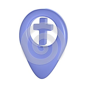 Christian 3d blue cross geotag gps icon. Element for church place, religious building address