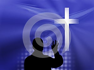 White Cross on Blue Background with Man Preaching