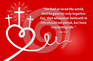 Christian scripture with abstract heart and cross on red background photo