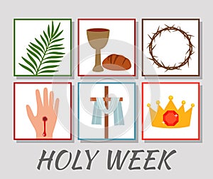 Christian banner Holy Week with a collection of icons about Jesus Christ. The concept of Easter and Palm Sunday. flat