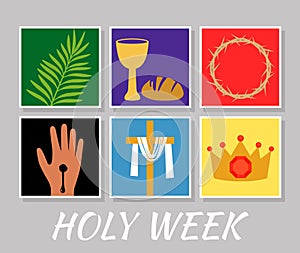 Christian banner Holy Week with a collection of icons about Jesus Christ. The concept of Easter and Palm Sunday. flat