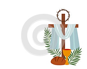 Christian banner Holy Week with a collection of icons about Jesus Christ. The concept of Easter and Palm Sunday. flat photo