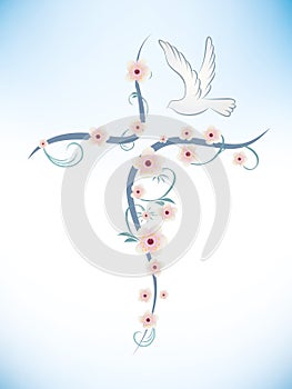 Christian baptism concept with cross flowers and dove
