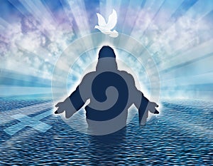 Christian baptism illustration concept with dove and man silhouette in the sea