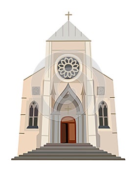 Christian catholic church. Building of gothic cathedral. Religious architecture exterior. Vector isolated illustration