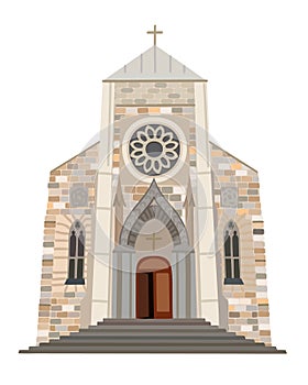 Christian catholic church. Building of gothic cathedral. Religious architecture exterior. Vector isolated illustration