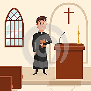 Christian catholic priest preaching at church. Holy father in robe or pastor with collar, pope with bible and clergyman