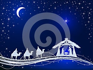 Christian Christmas on Blue Background with Birth of Jesus and S