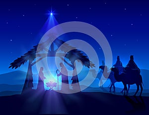 Christian Christmas on Blue Background with Wise Men and Jesus