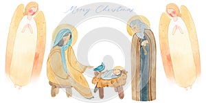 Christian Christmas border, postcard with Angels, Virgin Mary, baby Jesus Christ in a manger, Joseph. For holiday Christmas greeti