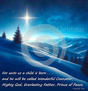 Christian Christmas card with the star of bethlehem shining on snow covered hills