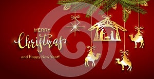 Christian Christmas Elements and Christmas Tree on Red Background