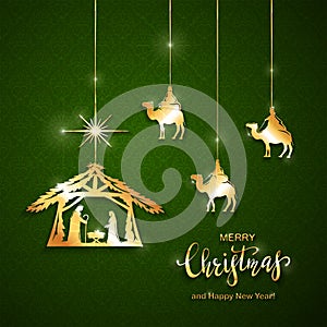 Christian Christmas Golden Elements on Green Background