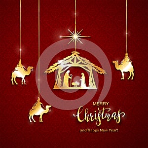 Christian Christmas Golden Elements on Red Background