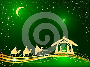 Christian Christmas on Green Background with Birth of Jesus and Star
