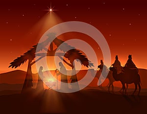 Christian Christmas with Wise Men and Jesus on Night Background