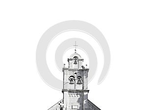 Christian church bell tower on blue sky front view isolated
