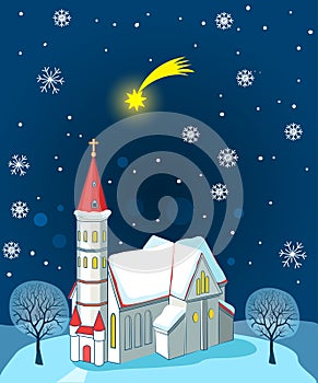 Christian Church And Christmas Star. Winter Landscape. Vector Illustration Card. Christian Church Near Me.