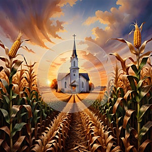 a Christian church in a corn field harvest sunset bible watercolor gen ai