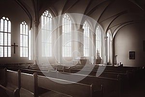 Christian church interior with windows and empty pews background digital illustration.