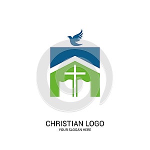 Christian church logo. Bible symbols. The Church of the Lord and Savior Jesus Christ and the symbol of the Holy Spirit is the dove