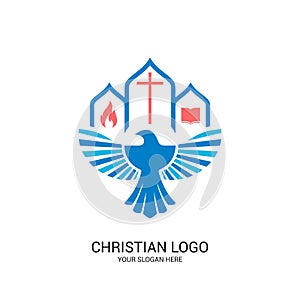 Christian church logo. Bible symbols. The Church of the Lord and Savior Jesus Christ and the symbol of the Holy Spirit is the dove