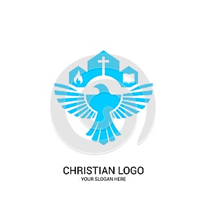 Christian church logo. Bible symbols. The Church of the Lord and Savior Jesus Christ and the symbol of the Holy Spirit is the dove