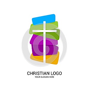 Christian church logo. Bible symbols. Cross of Jesus Christ and color elements