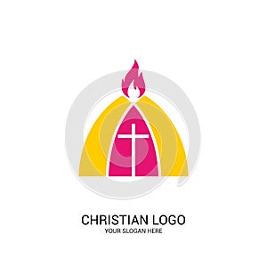 Christian church logo. Bible symbols. The cross of Jesus Christ and the flame of the Holy Spirit