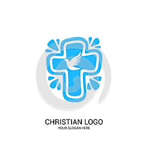 Christian church logo. Bible symbols. Dove on the background of the cross