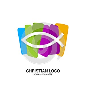 Christian church logo. Bible symbols. The fish is a symbol of Jesus Christ, in color blocks