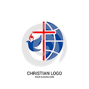 Christian church logo. Bible symbols. The globe, the cross of Jesus Christ and the dove