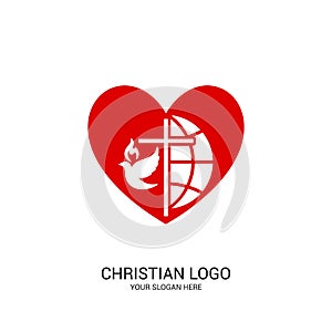 Christian church logo. Bible symbols. Globe, cross of Jesus Christ and dove against the background of the heart