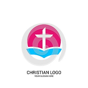 Christian church logo. Bible symbols. The open Bible and the cross of Jesus Christ