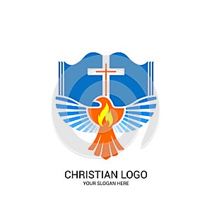 Christian church logo. Bible symbols. The open Bible, the cross of Jesus Christ and the dove