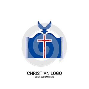 Christian church logo. Bible symbols. The open Bible, the cross of Jesus Christ and the dove