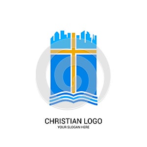 Christian church logo. Bible symbols. Scripture and the church of the big city