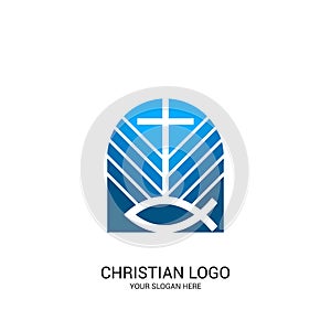 Christian church logo. Bible symbols. The sign of the fish and the cross of Jesus Christ