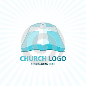 Christian church logo with blue bible cross icon. Vector illustration.