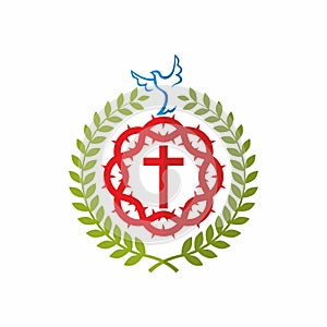 Christian church logo. Cross of Jesus, crown of thorns, pigeon and laurels