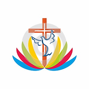 Christian church logo. The cross of Jesus and the dove are the symbol of the Holy Spirit